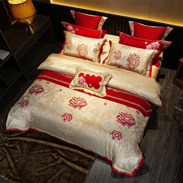 European Red Gold Luxury Jacquard Egyptian Cotton Embroidered Wedding Bedding Set